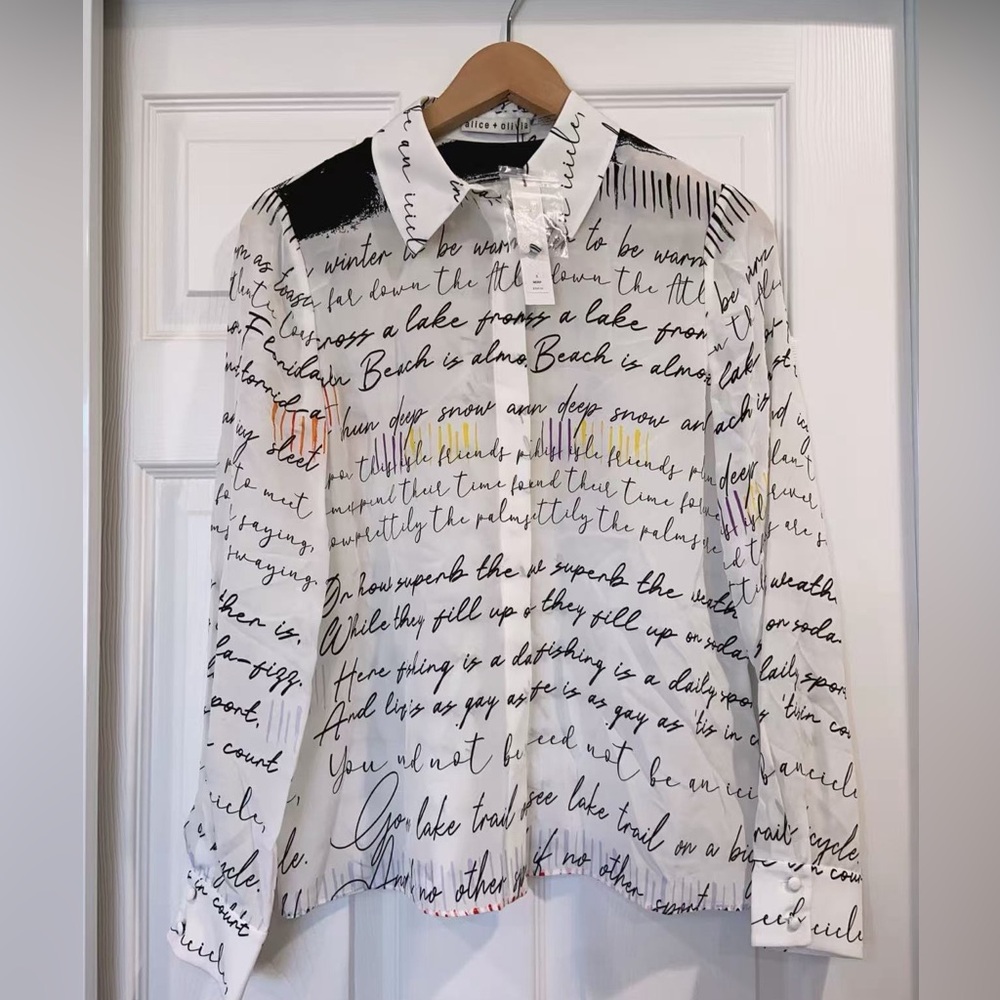 Alice + Olivia White Script Print Long-Sleeve Blouse